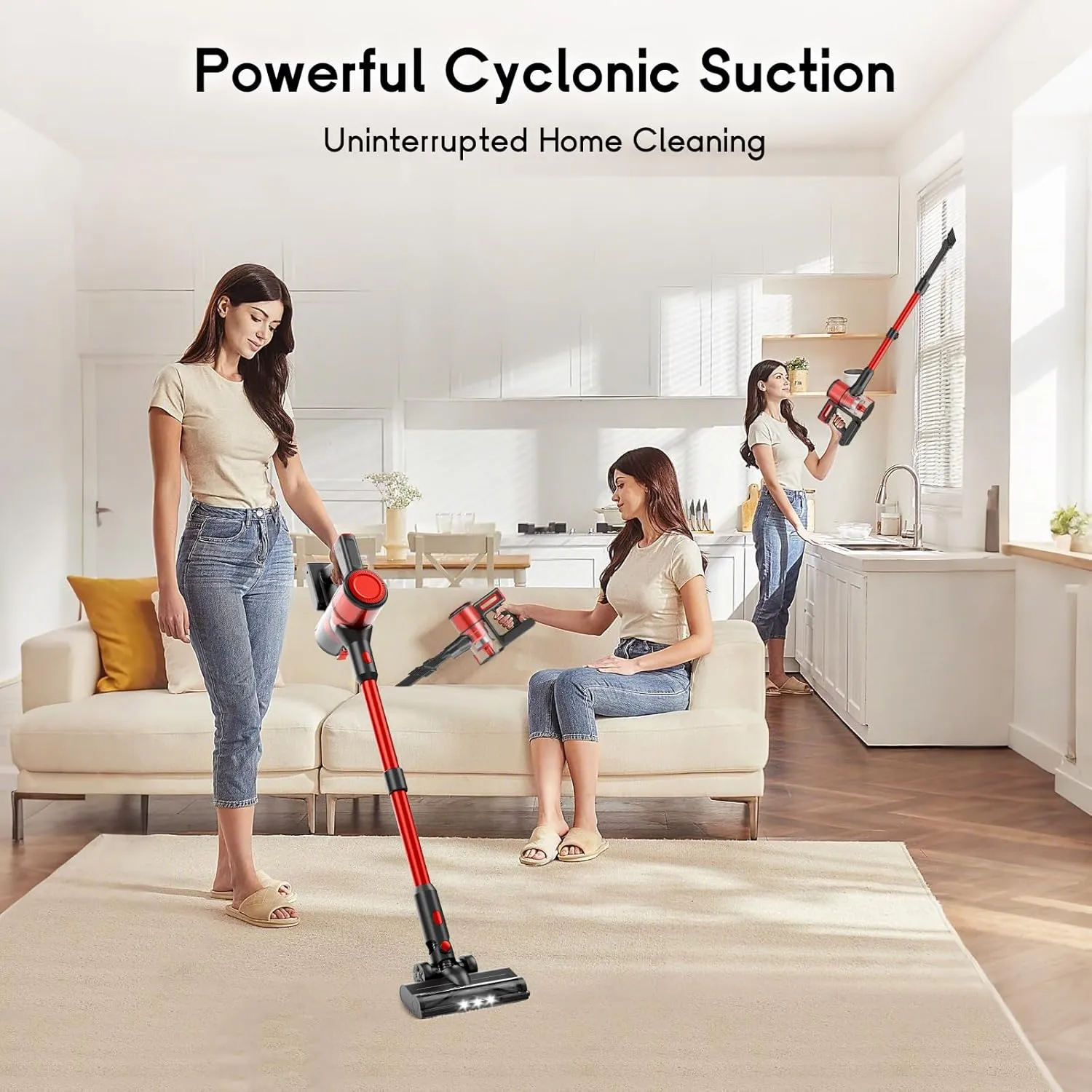 Cordless Vacuum Cleaner for Home - Lightweight, 30Kpa Stick Vacuum Clean with Rechargeable Battery, Max 45Mins Runtime, 8 in 1 Handheld Vacuum for Hardfloor & Carpets Pet Hair, Red