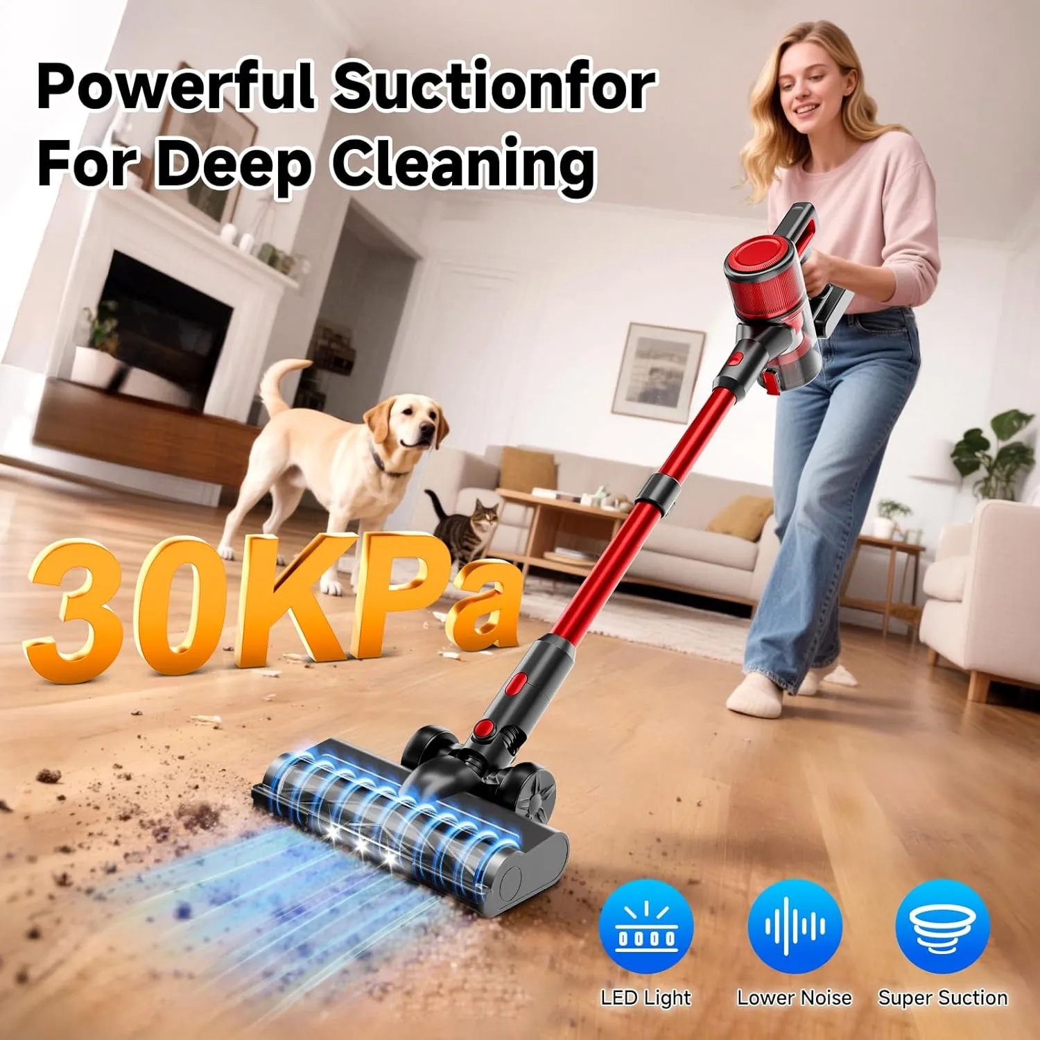 Cordless Vacuum Cleaner for Home - Lightweight, 30Kpa Stick Vacuum Clean with Rechargeable Battery, Max 45Mins Runtime, 8 in 1 Handheld Vacuum for Hardfloor & Carpets Pet Hair, Red