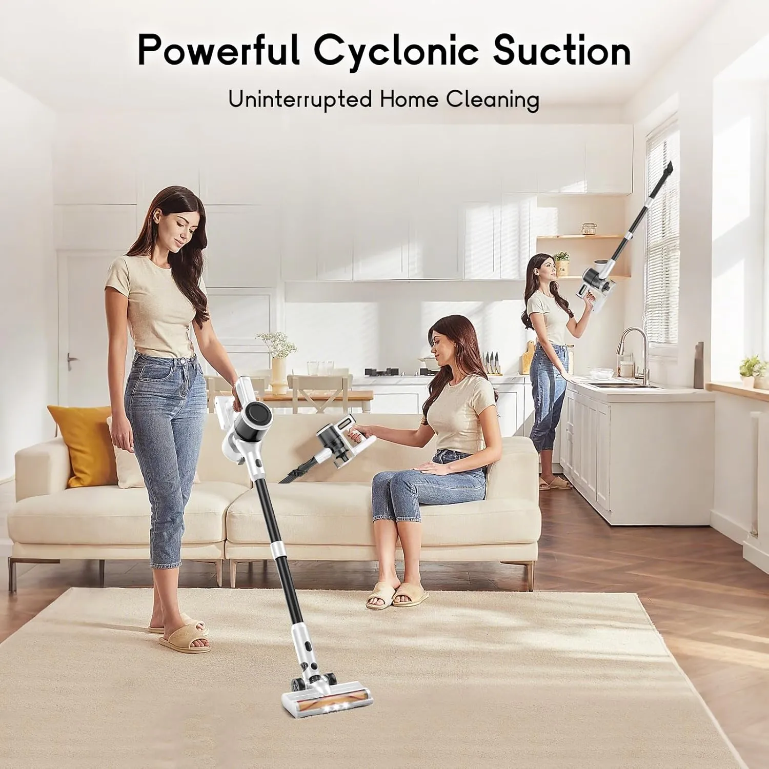 Cordless Vacuum Cleaner for Home - Lightweight, 30Kpa Stick Vacuum Clean with Rechargeable Battery, Max 45Mins Runtime, 8 in 1 Handheld Vacuum for Hardfloor & Carpets Pet Hair, White