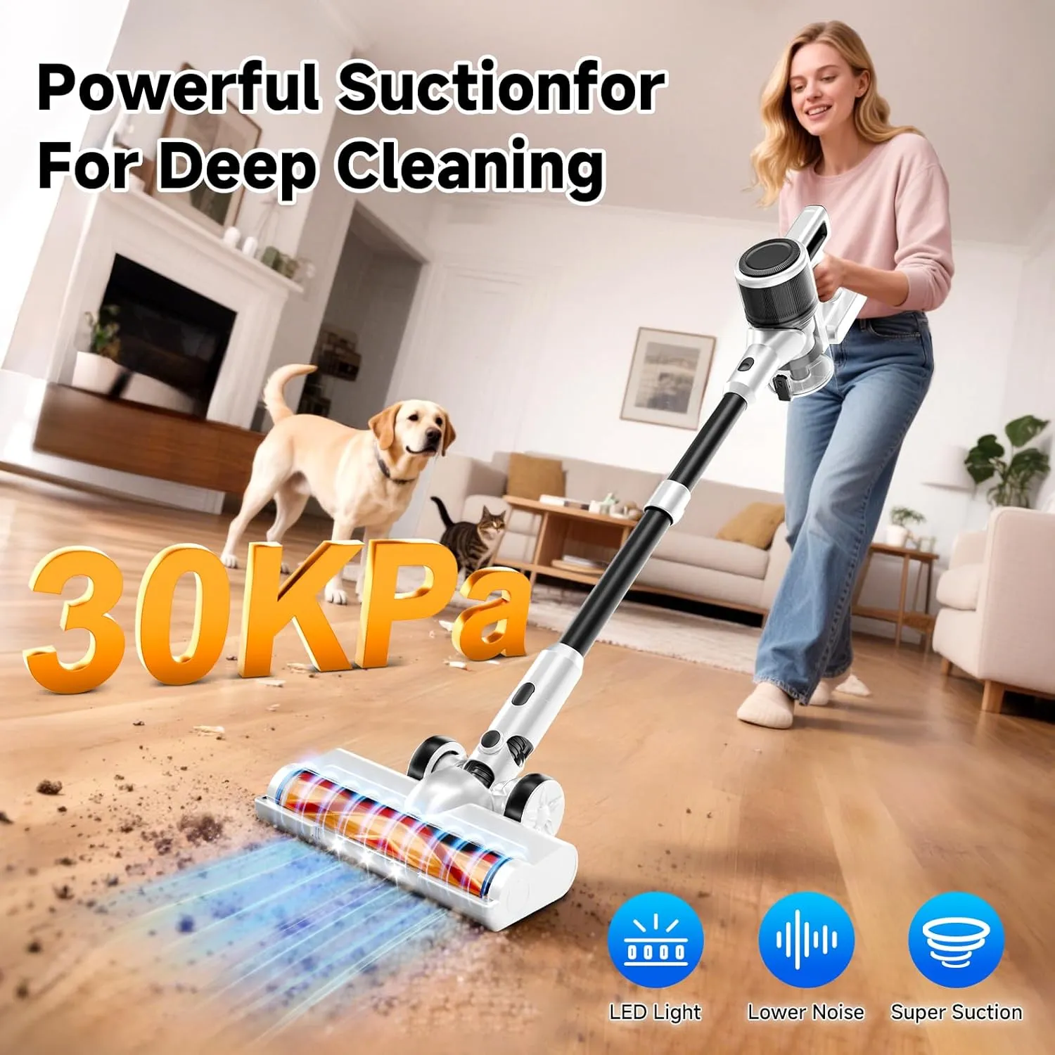 Cordless Vacuum Cleaner for Home - Lightweight, 30Kpa Stick Vacuum Clean with Rechargeable Battery, Max 45Mins Runtime, 8 in 1 Handheld Vacuum for Hardfloor & Carpets Pet Hair, White