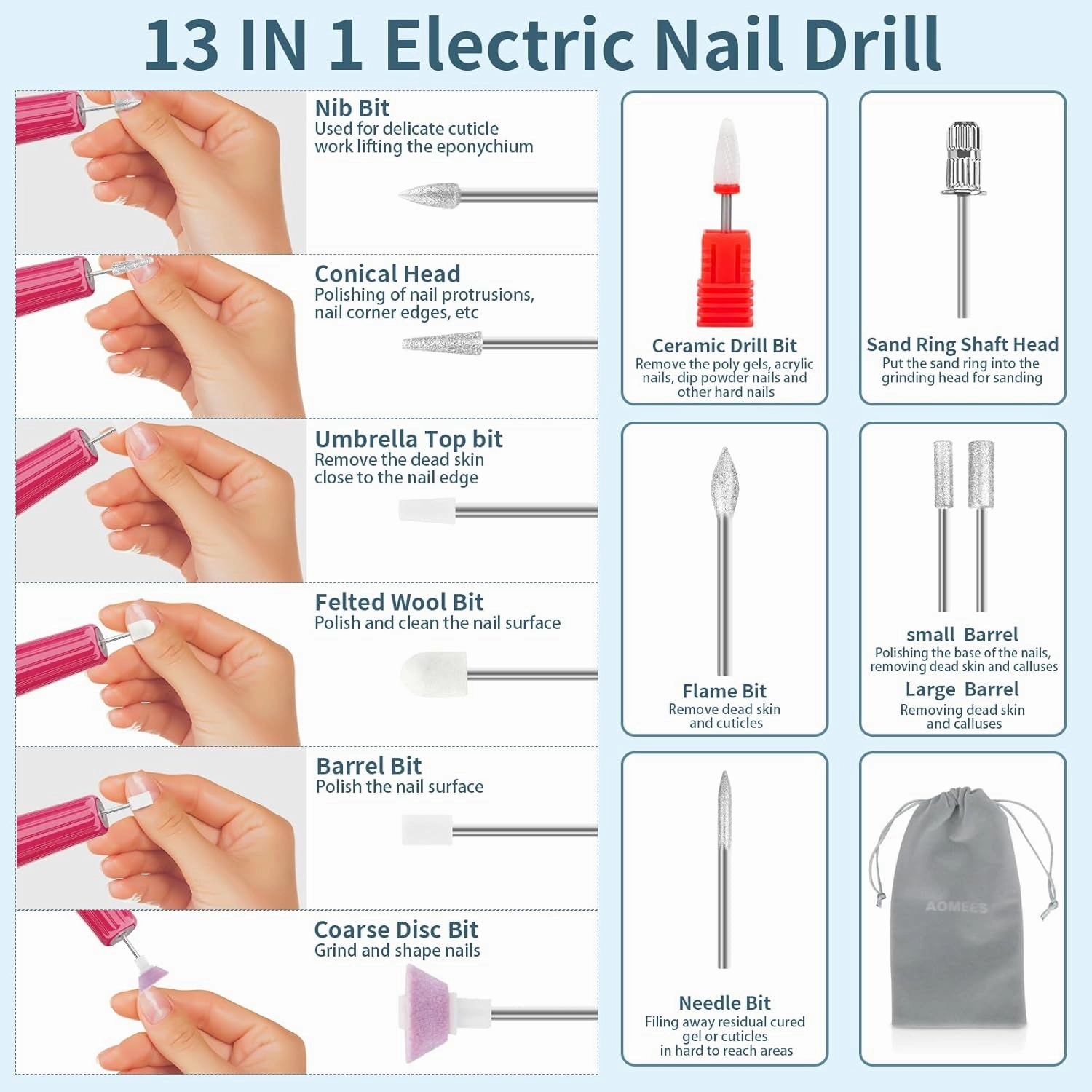 Cordless Electric Nail Drill with 360° Ring Light, Portable Nail File Kit for Acrylic, Gel Nails, Portable Home Manicure Kit for Manicure and Pedicure (Rose Red)