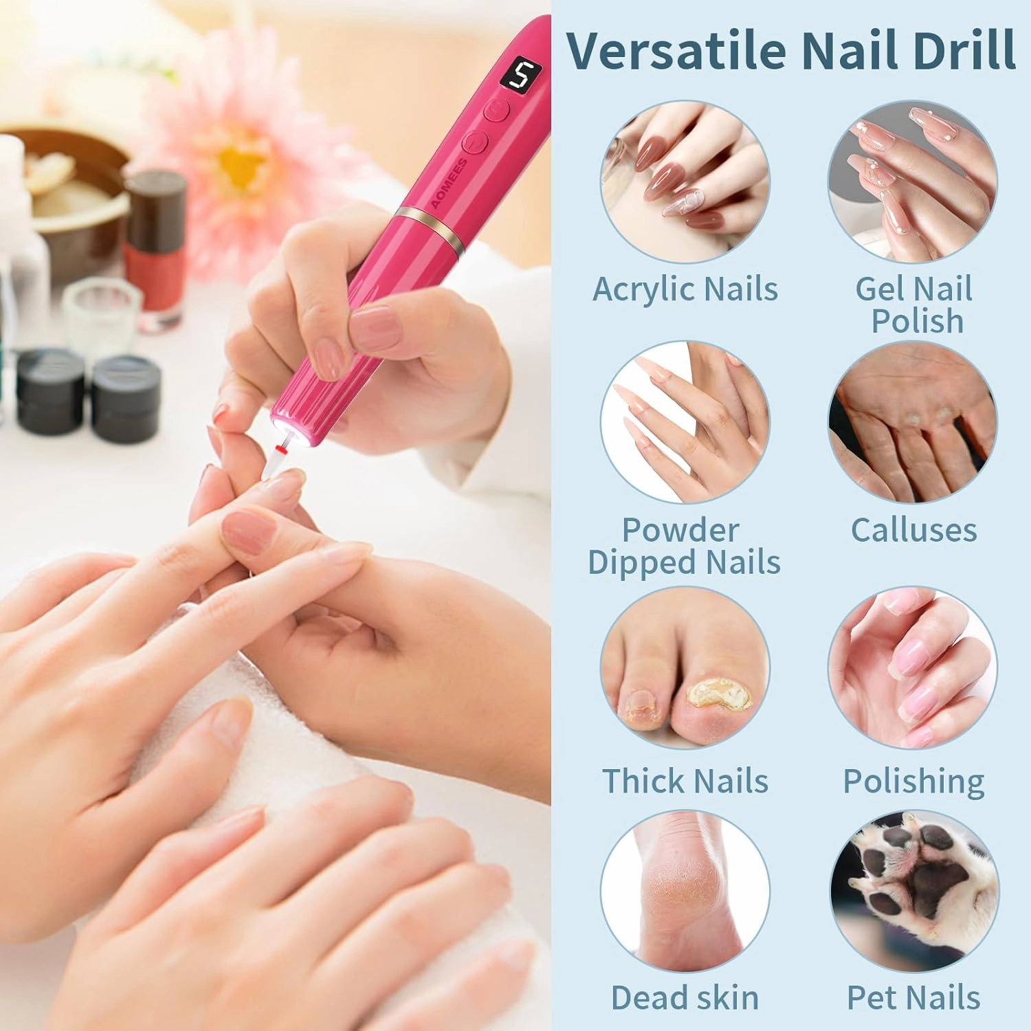 Cordless Electric Nail Drill with 360° Ring Light, Portable Nail File Kit for Acrylic, Gel Nails, Portable Home Manicure Kit for Manicure and Pedicure (Rose Red)