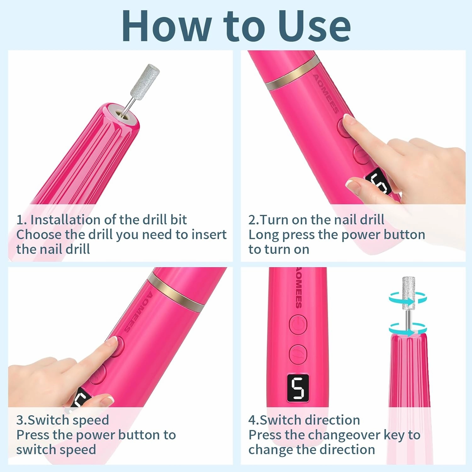 Cordless Electric Nail Drill with 360° Ring Light, Portable Nail File Kit for Acrylic, Gel Nails, Portable Home Manicure Kit for Manicure and Pedicure (Rose Red)