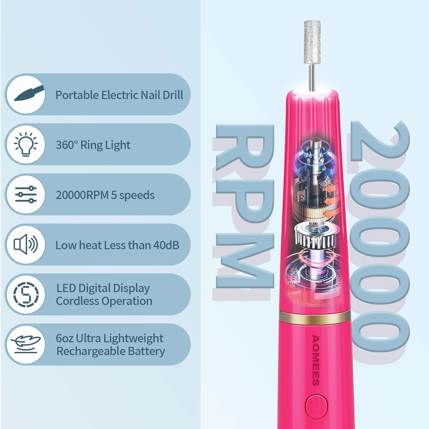Cordless Electric Nail Drill with 360° Ring Light, Portable Nail File Kit for Acrylic, Gel Nails, Portable Home Manicure Kit for Manicure and Pedicure (Rose Red)