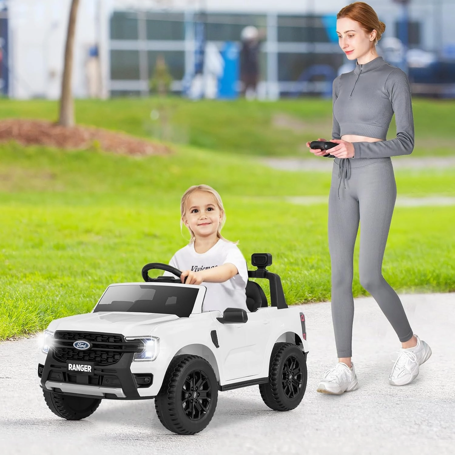 Costzon Licensed Ford Ranger Kids Car, 12V Kids' Electric Vehicles w/Remote Control, Storage Basket, USB/Music/Story/Wireless, Light & Power Display, Soft Start Ride on Car, Gift for Aged 3-6 (White)