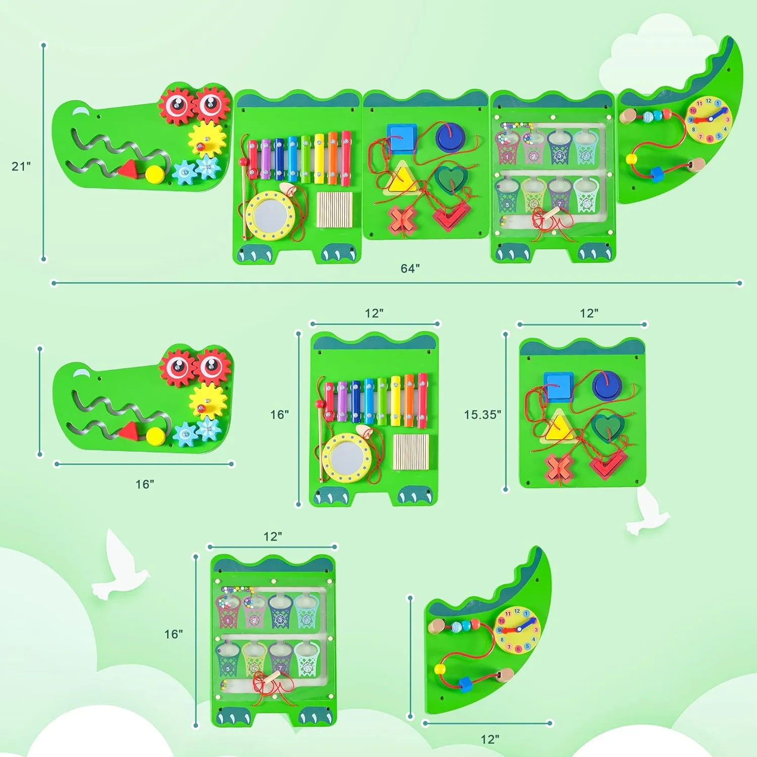 Crocodile Sensory Toys Activity Wall Panels, Educational Montessori Busy Board for Toddlers 18m , Activity Cube - Sensory Wall, Wooden Learning Toys, Interactive Toys, Green