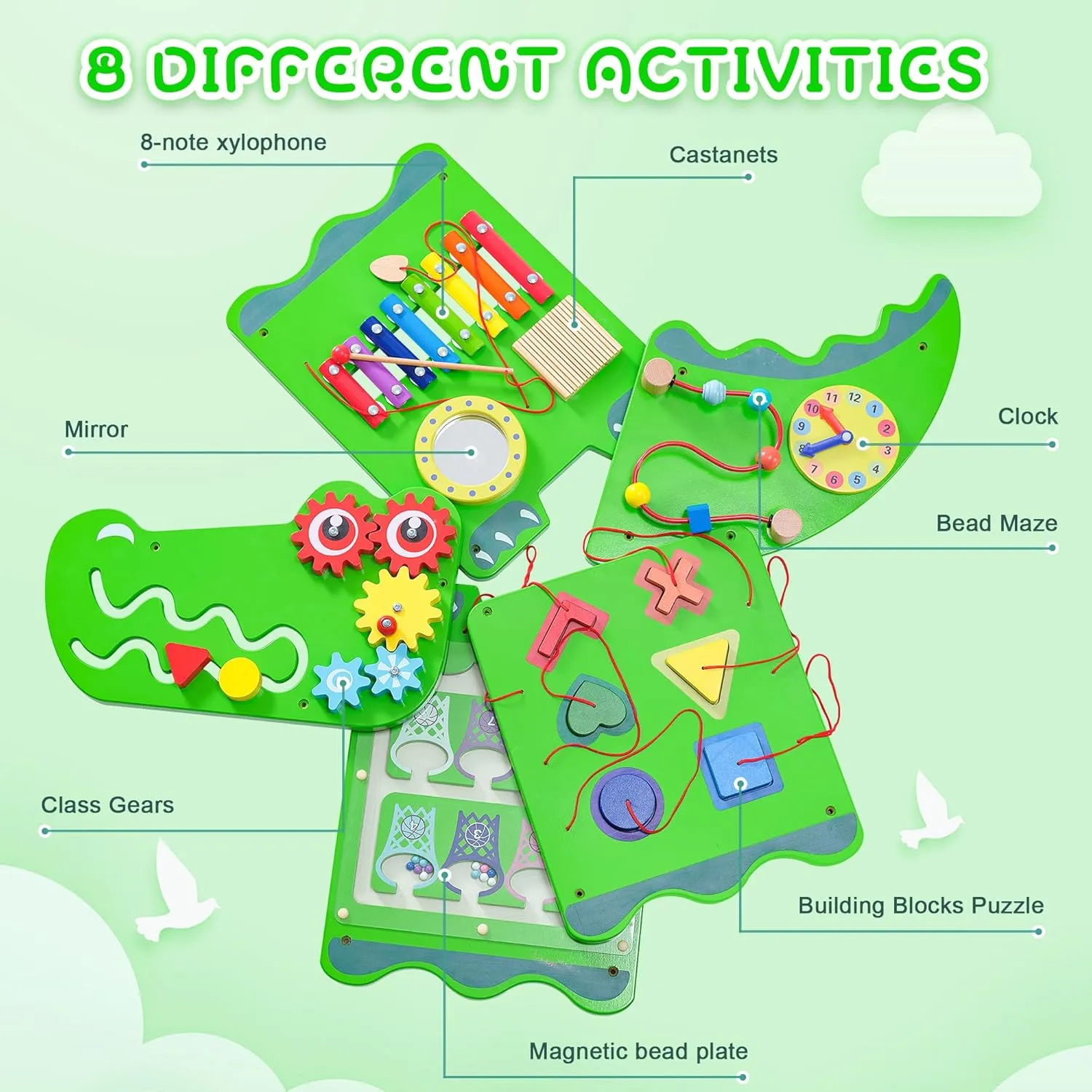 Crocodile Sensory Toys Activity Wall Panels, Educational Montessori Busy Board for Toddlers 18m , Activity Cube - Sensory Wall, Wooden Learning Toys, Interactive Toys, Green