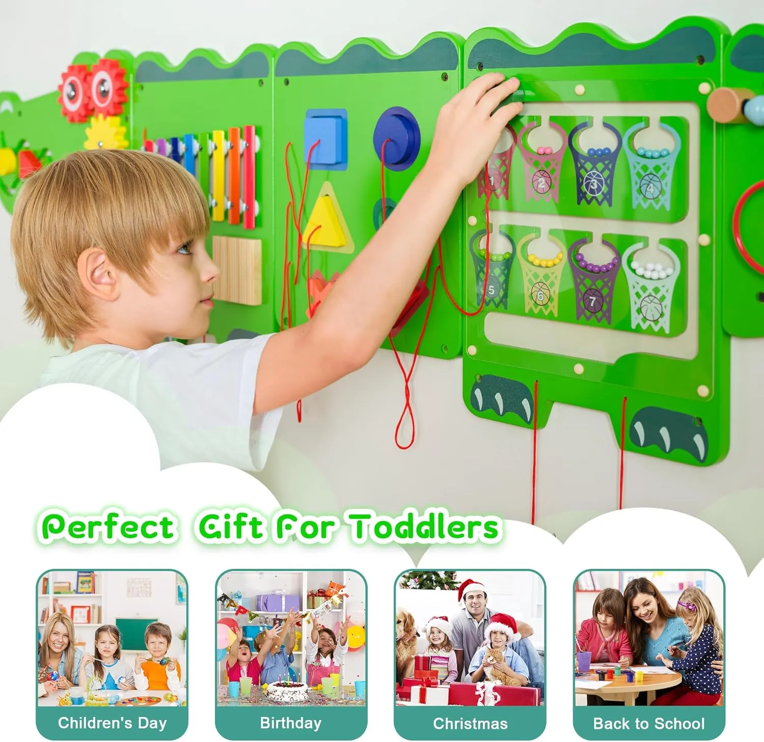 Crocodile Sensory Toys Activity Wall Panels, Educational Montessori Busy Board for Toddlers 18m , Activity Cube - Sensory Wall, Wooden Learning Toys, Interactive Toys, Green