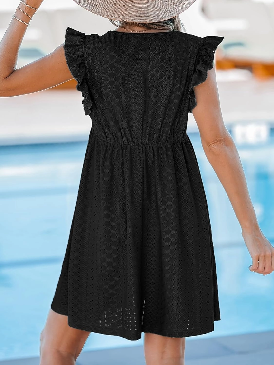 CUPSHE Beach Dress V Neck Cap Flutter Sleeve Lace Hollow Out Pleated Summer Mini Cover Up Dress