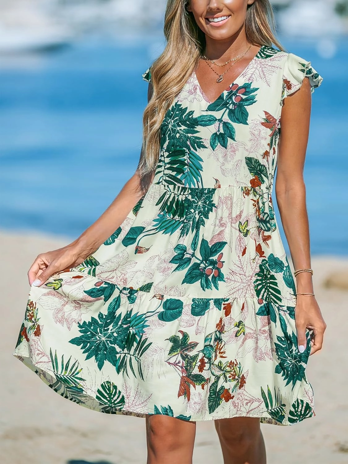 CUPSHE Women's Mini Dress V Neck Flutter Sleeve Floral Ruffled Short Summer Beach Dress