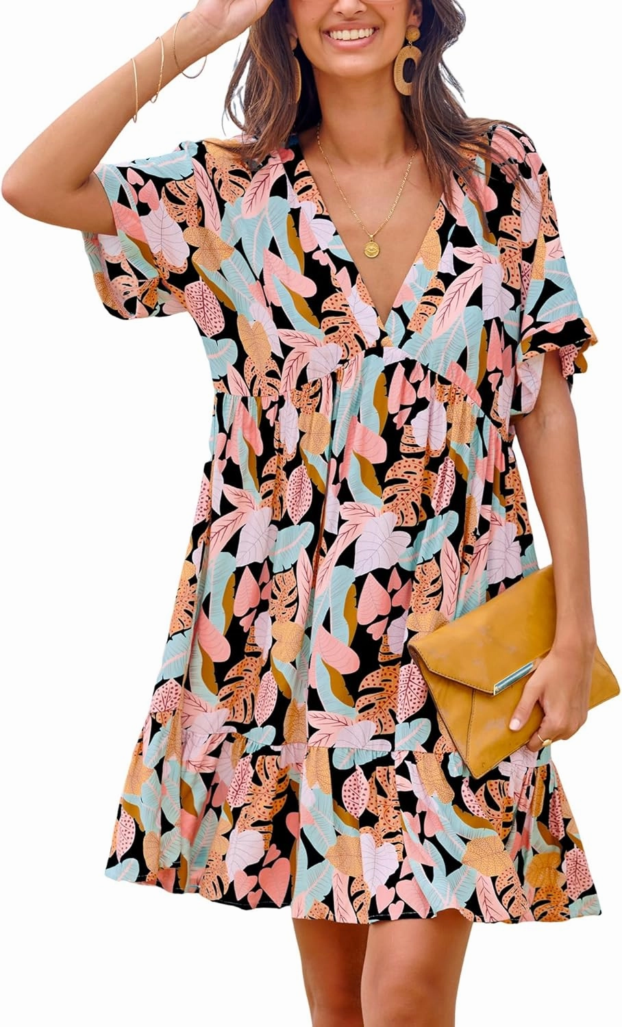 CUPSHE Women's Mini Dress V Neck Tropical Short Sleeve Loose Fit Ruffled Short Summer Beach Dress