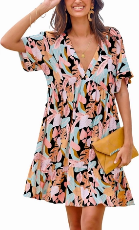 CUPSHE Women's Mini Dress V Neck Tropical Short Sleeve Loose Fit Ruffled Short Summer Beach Dress