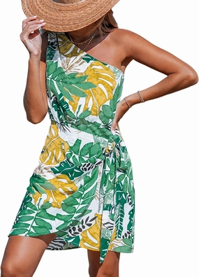 CUPSHE Women's One Shoulder Leaf Print Self-tie Short Dress Sleeveless Tiered Hem Formal Dress Casual Mini Dress