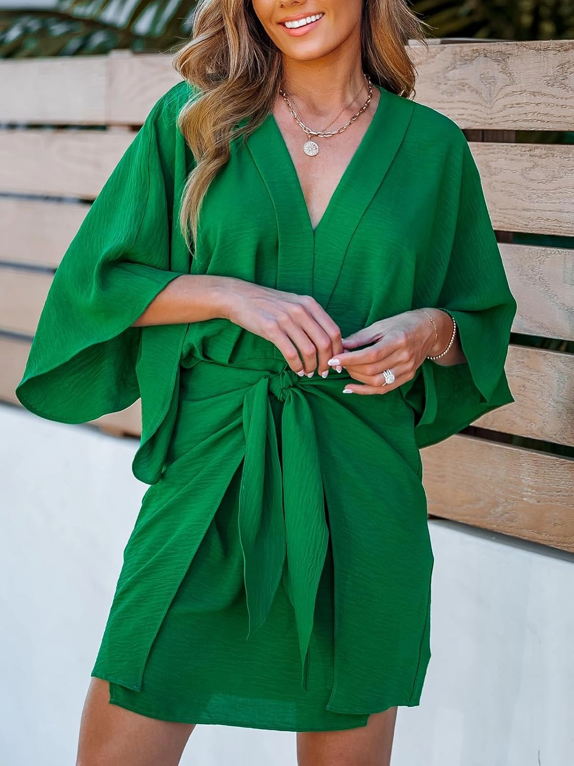 CUPSHE Women's V Neck Summer Dress 3/4 Kimono Sleeve Self Tie Pleated Loose Slit Mini Casual Dress