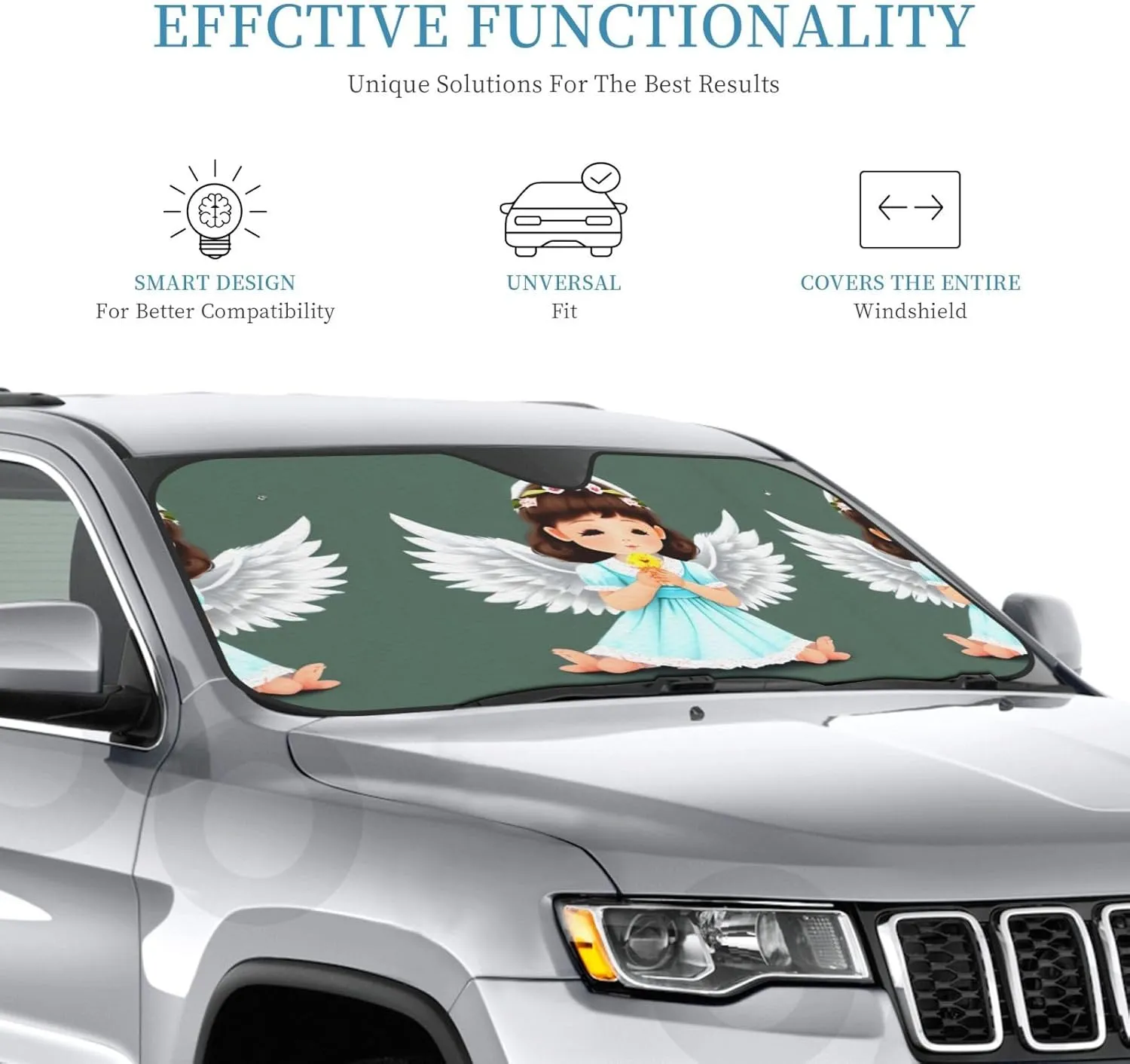 Cute Little Angel Print Car Windshield Sun Shade, Vehicle Front Window Shield Cover Sun Visor Protection