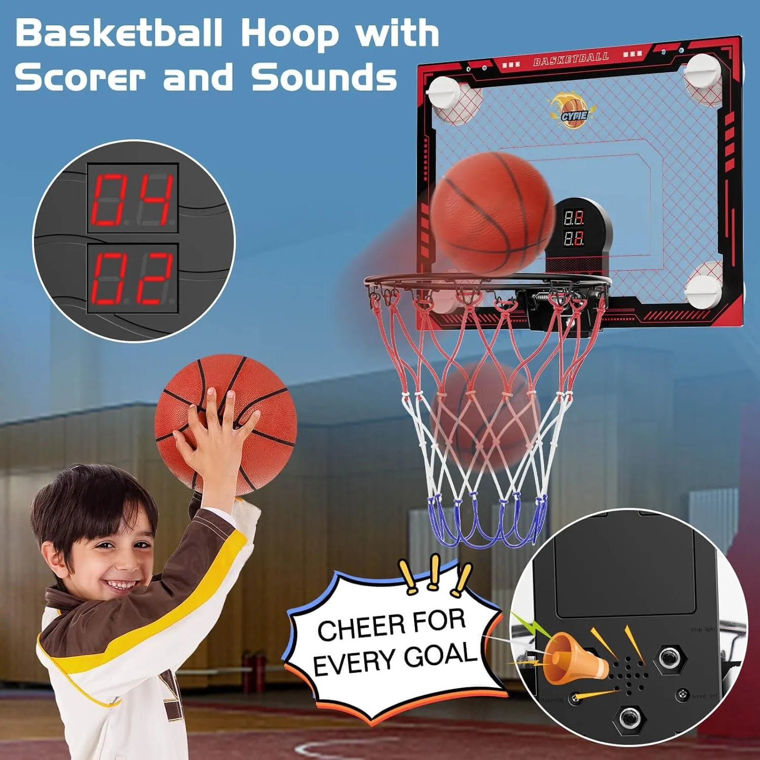 CYFIE Suction Cup Basketball Hoop, Indoor Mini Basketball Hoop with Scoreboard, Sound, 3 Balls for Kids Girls Boys