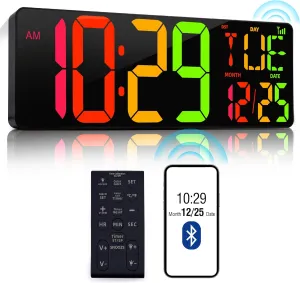 CYMHCHL Large Digital Wall Clock 17.2" Bluetooth Auto Time Sync Led Digital Clock Large Display 11 RGB Colors Auto-Dimming/DST Big Timer with Remote Control for Living Room Classroom Decor Garage Gym