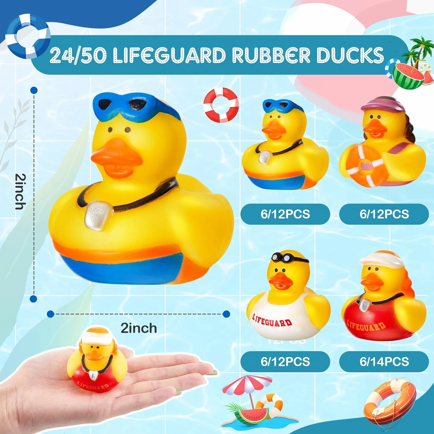 DEEKIN 50 Pcs Lifeguard Rubber Ducks 2 Inch Bath Ducks for Cruise Ships, Hide Baby Shower Birthday Party Favors, Beach Pool Gift