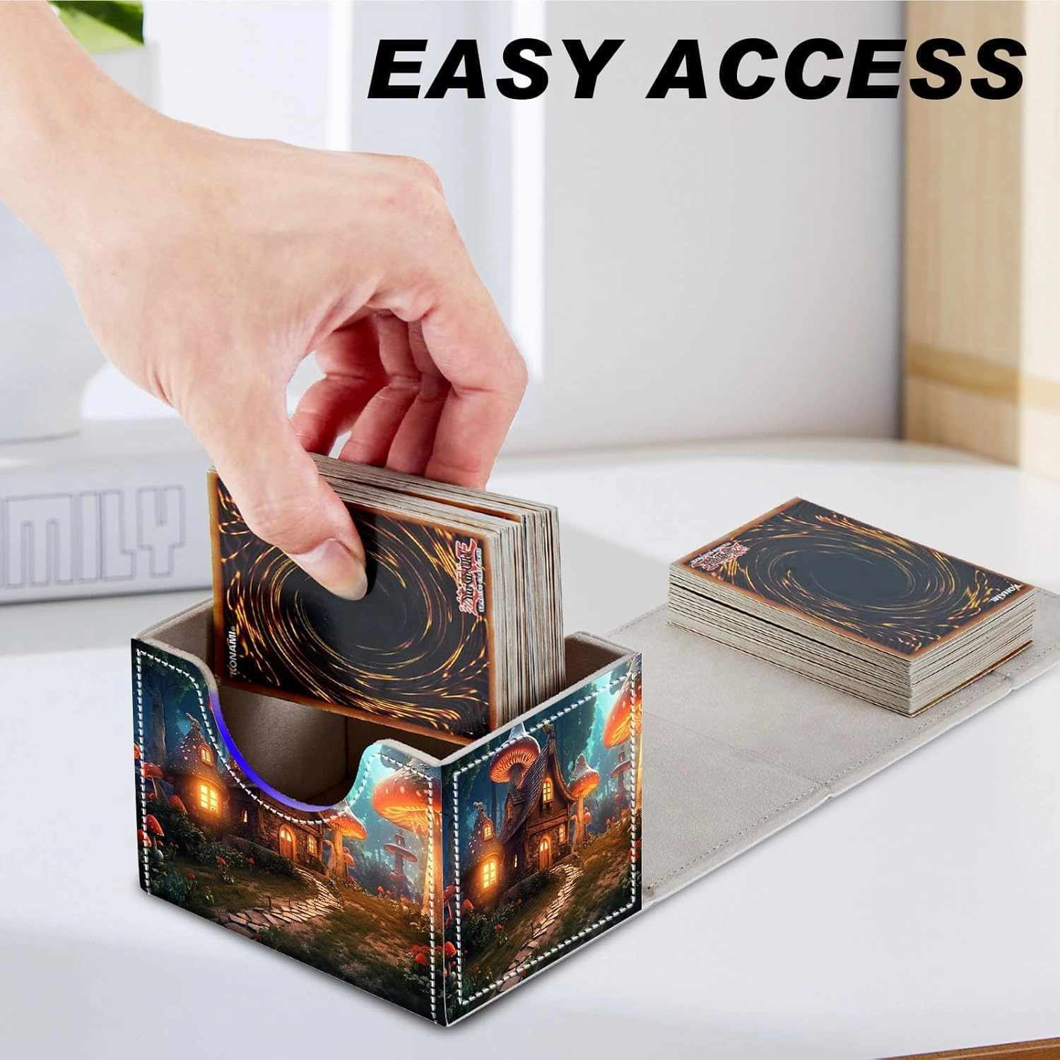 DEGDFSGR Card Game Storage Box for TCG MTG Commander Deck Box Organizer Trading Card Case Magnetic Closure Creative Pattern Up to 200 Cards, A Magical Mushroom Village
