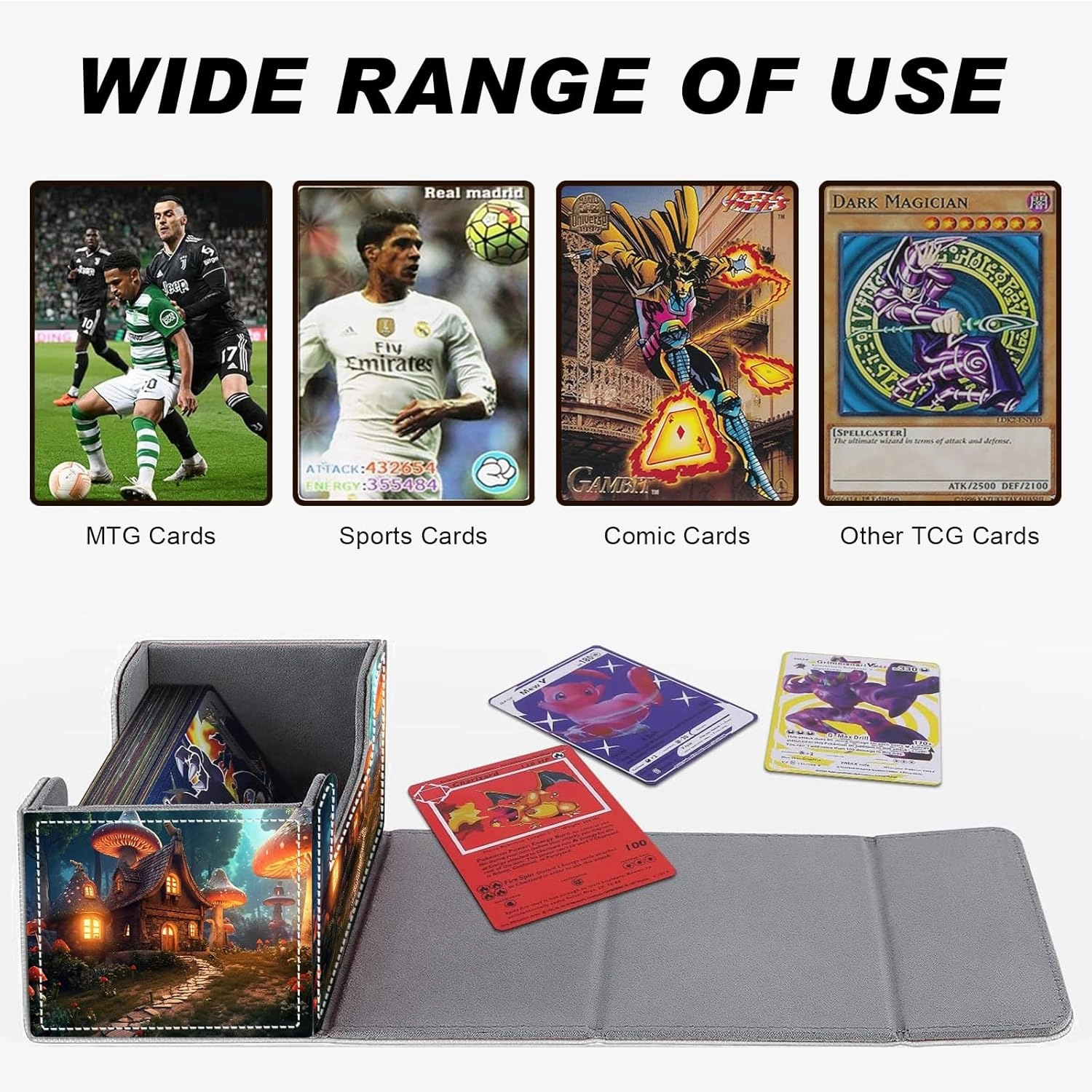 DEGDFSGR Card Game Storage Box for TCG MTG Commander Deck Box Organizer Trading Card Case Magnetic Closure Creative Pattern Up to 200 Cards, A Magical Mushroom Village
