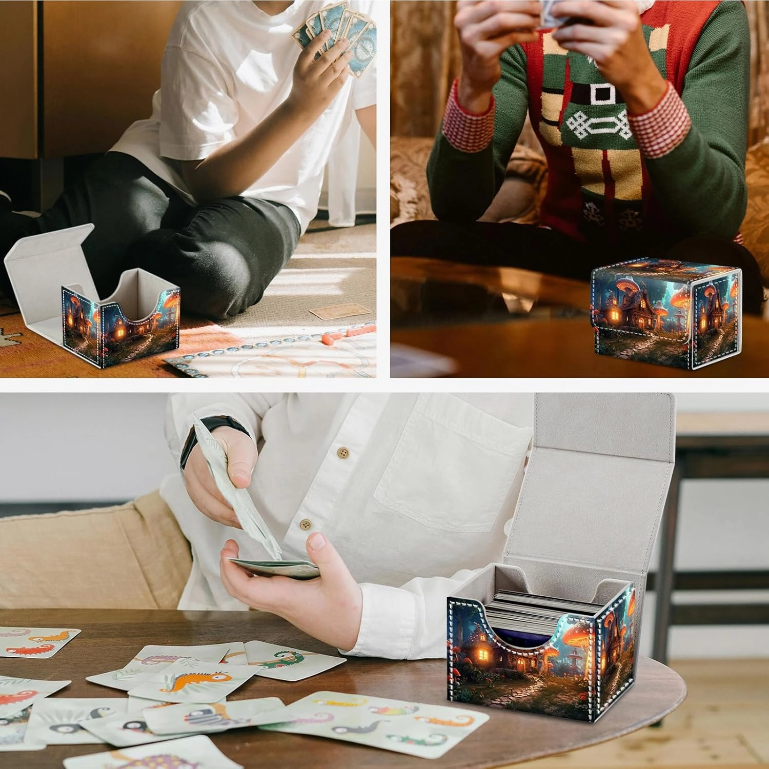 DEGDFSGR Card Game Storage Box for TCG MTG Commander Deck Box Organizer Trading Card Case Magnetic Closure Creative Pattern Up to 200 Cards, A Magical Mushroom Village
