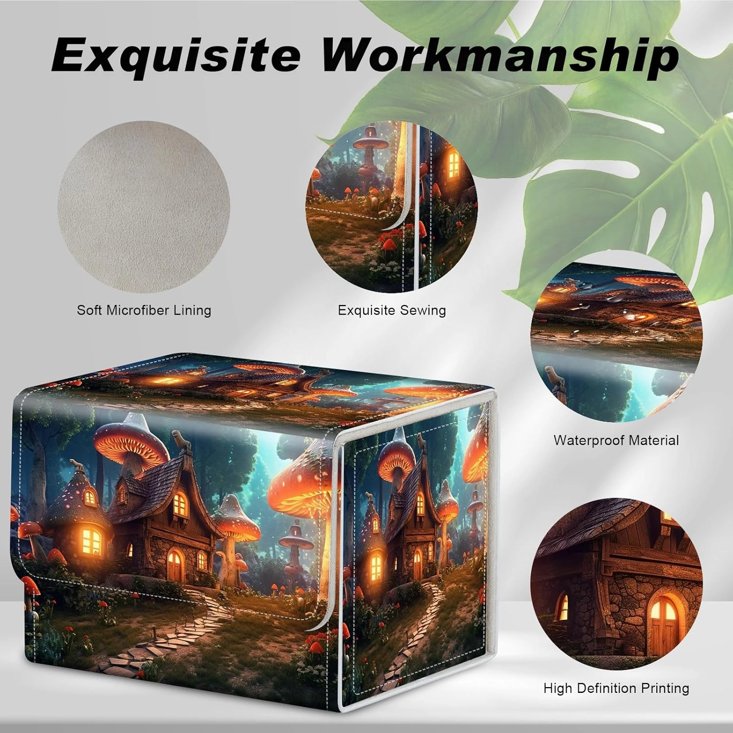 DEGDFSGR Card Game Storage Box for TCG MTG Commander Deck Box Organizer Trading Card Case Magnetic Closure Creative Pattern Up to 200 Cards, A Magical Mushroom Village