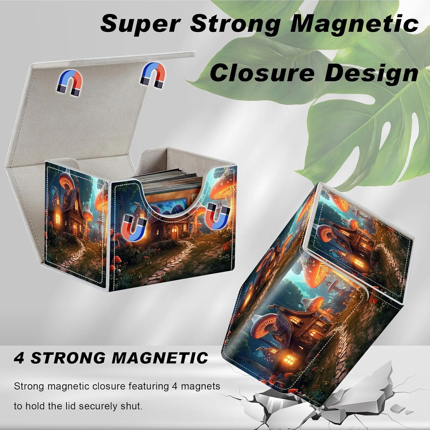 DEGDFSGR Card Game Storage Box for TCG MTG Commander Deck Box Organizer Trading Card Case Magnetic Closure Creative Pattern Up to 200 Cards, A Magical Mushroom Village