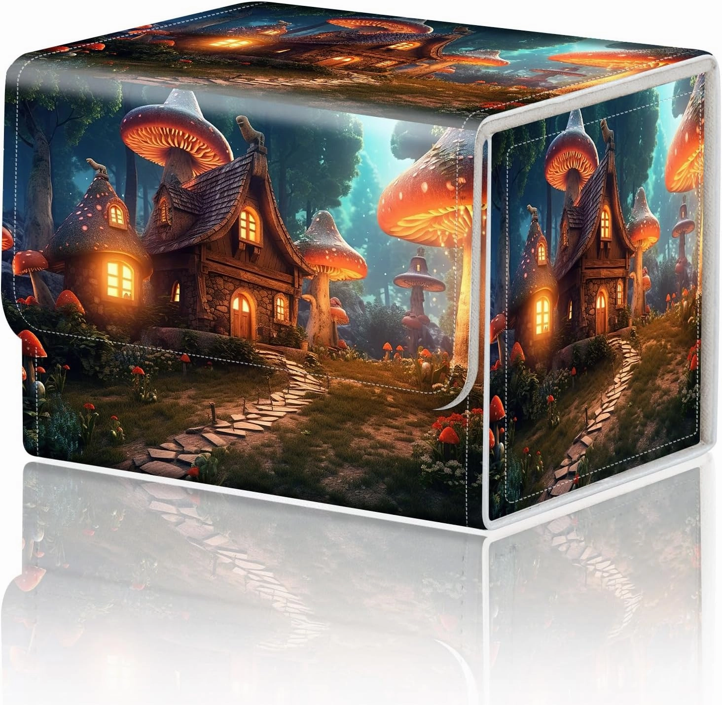 DEGDFSGR Card Game Storage Box for TCG MTG Commander Deck Box Organizer Trading Card Case Magnetic Closure Creative Pattern Up to 200 Cards, A Magical Mushroom Village