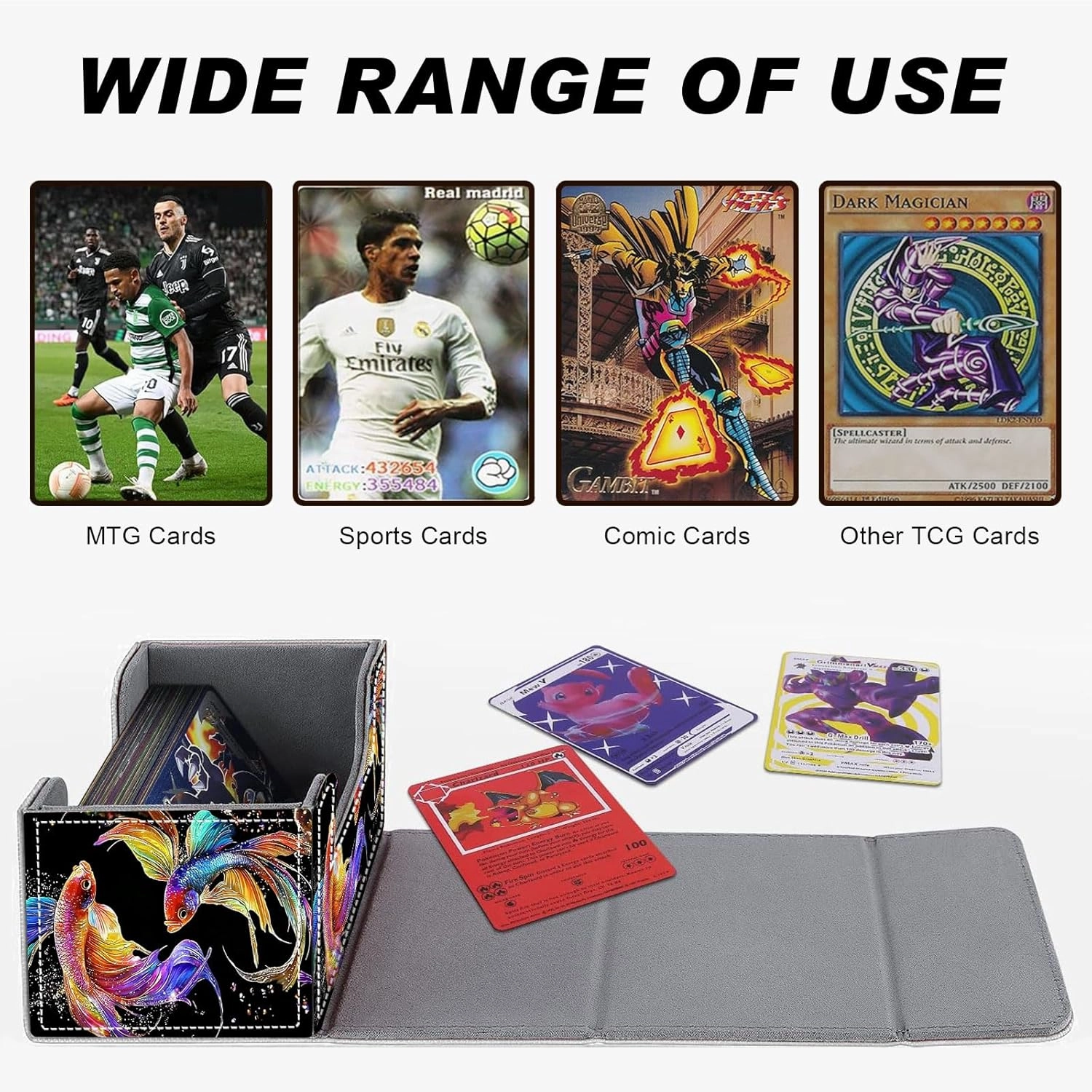 DEGDFSGR Commander Card Game Storage Box for TCG MTG Deck Box Organizer Trading Card Case Magnetic Closure Creative Pattern Up to 200 Cards, Colorful Beautiful Betta Fish