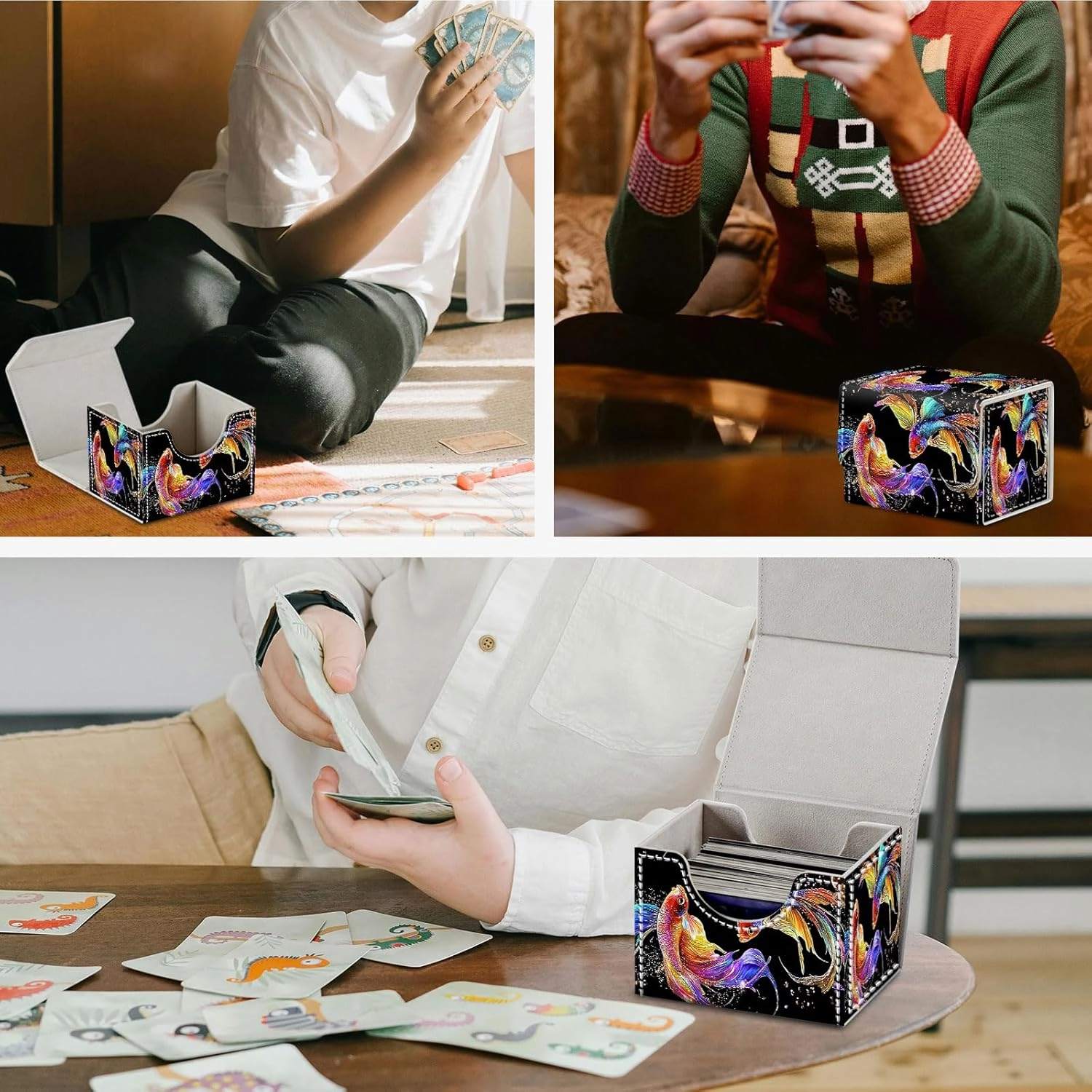 DEGDFSGR Commander Card Game Storage Box for TCG MTG Deck Box Organizer Trading Card Case Magnetic Closure Creative Pattern Up to 200 Cards, Colorful Beautiful Betta Fish