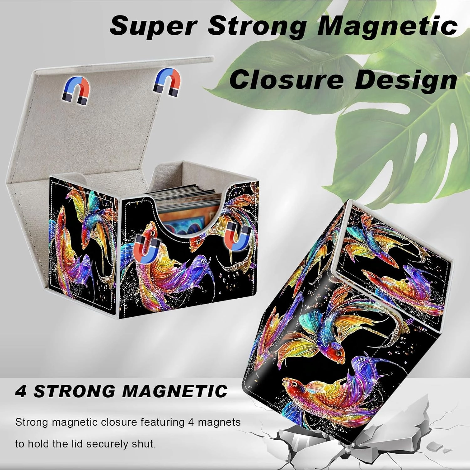 DEGDFSGR Commander Card Game Storage Box for TCG MTG Deck Box Organizer Trading Card Case Magnetic Closure Creative Pattern Up to 200 Cards, Colorful Beautiful Betta Fish