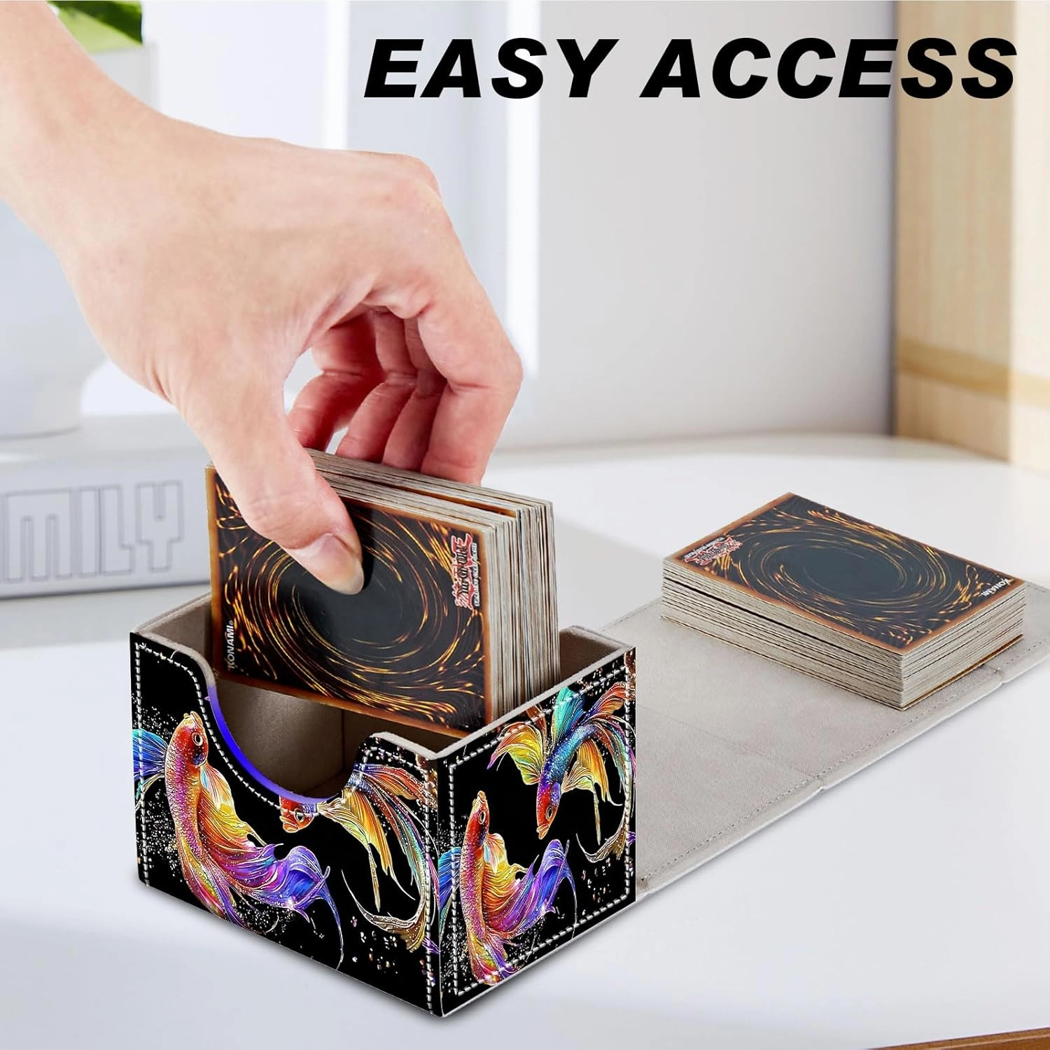 DEGDFSGR Commander Card Game Storage Box for TCG MTG Deck Box Organizer Trading Card Case Magnetic Closure Creative Pattern Up to 200 Cards, Colorful Beautiful Betta Fish