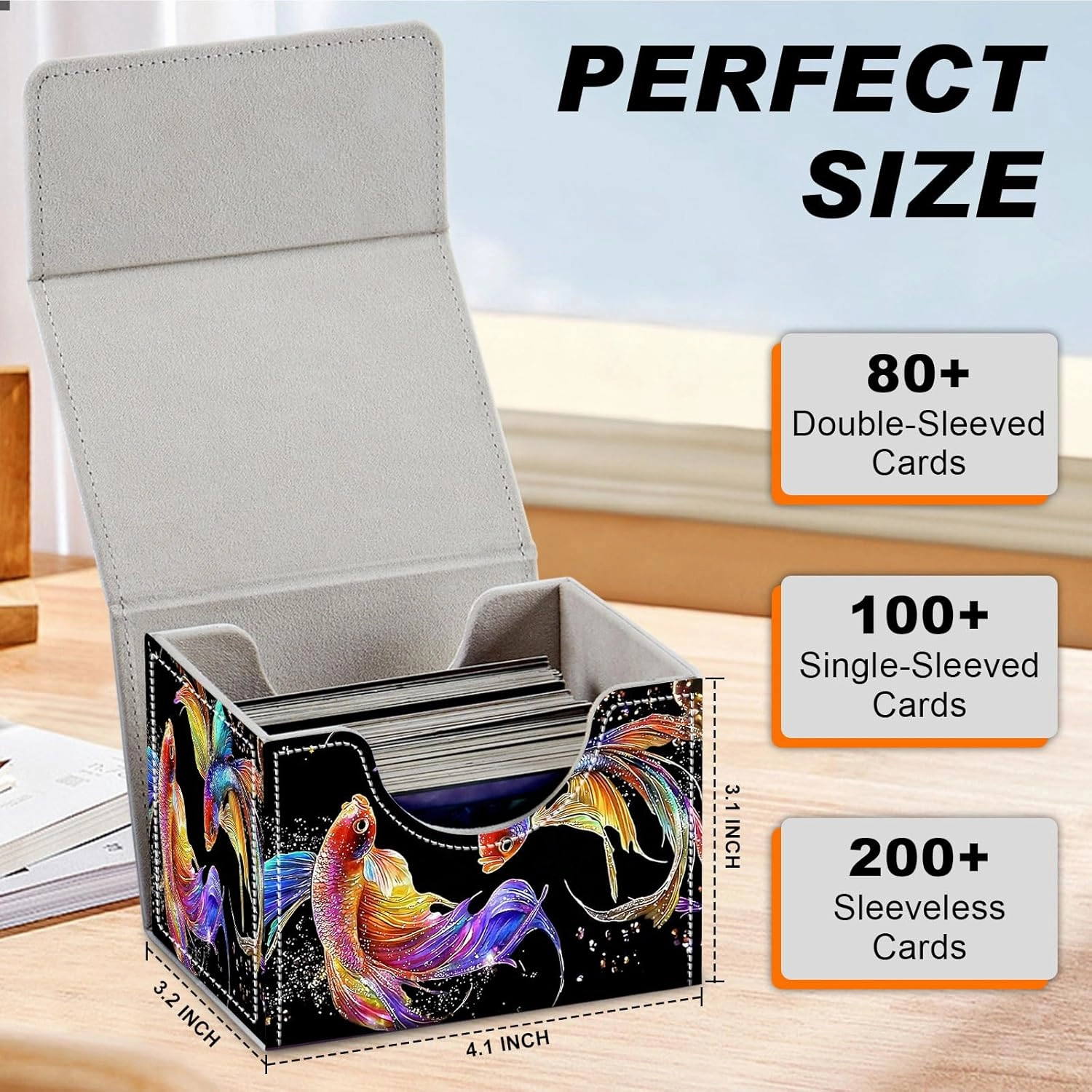 DEGDFSGR Commander Card Game Storage Box for TCG MTG Deck Box Organizer Trading Card Case Magnetic Closure Creative Pattern Up to 200 Cards, Colorful Beautiful Betta Fish