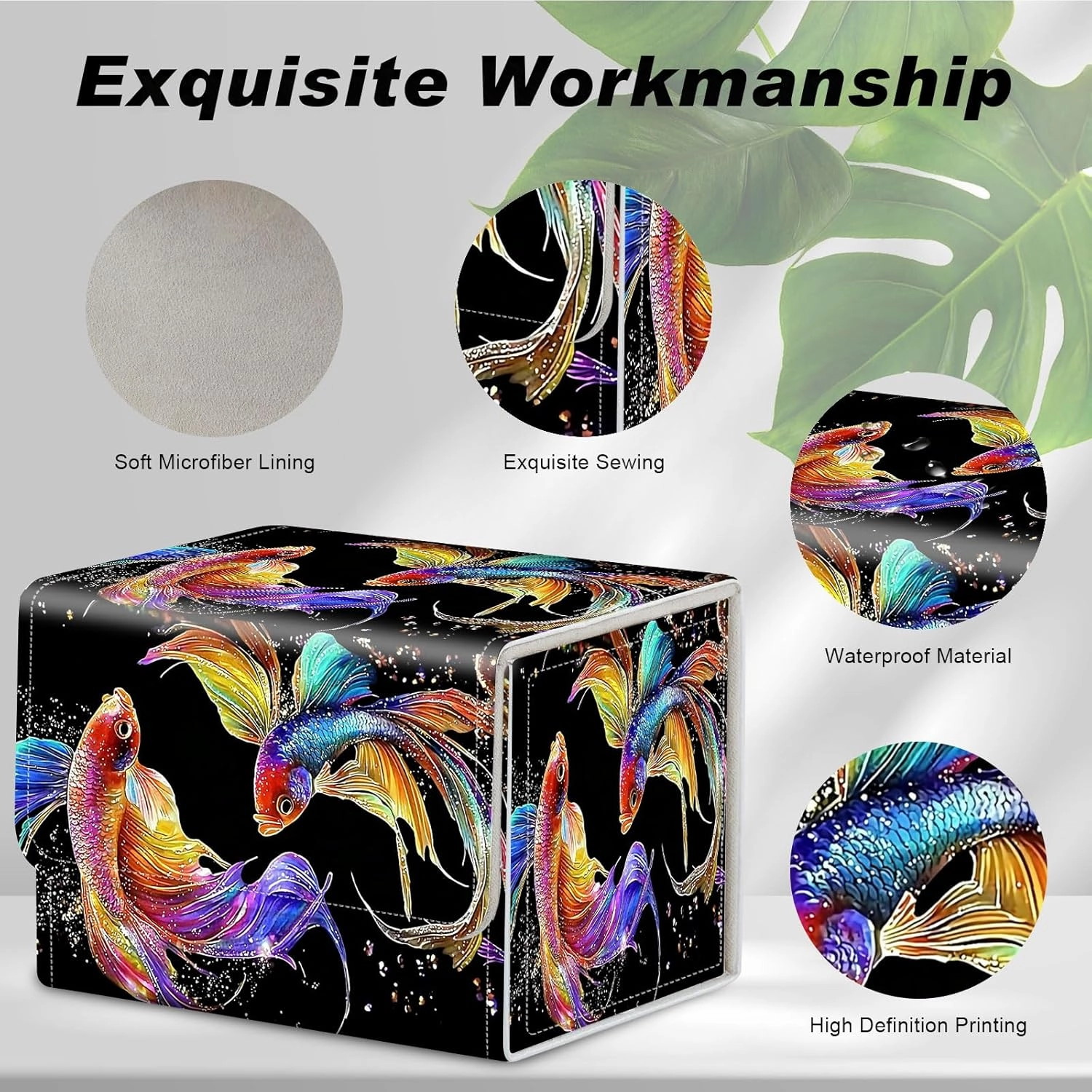 DEGDFSGR Commander Card Game Storage Box for TCG MTG Deck Box Organizer Trading Card Case Magnetic Closure Creative Pattern Up to 200 Cards, Colorful Beautiful Betta Fish