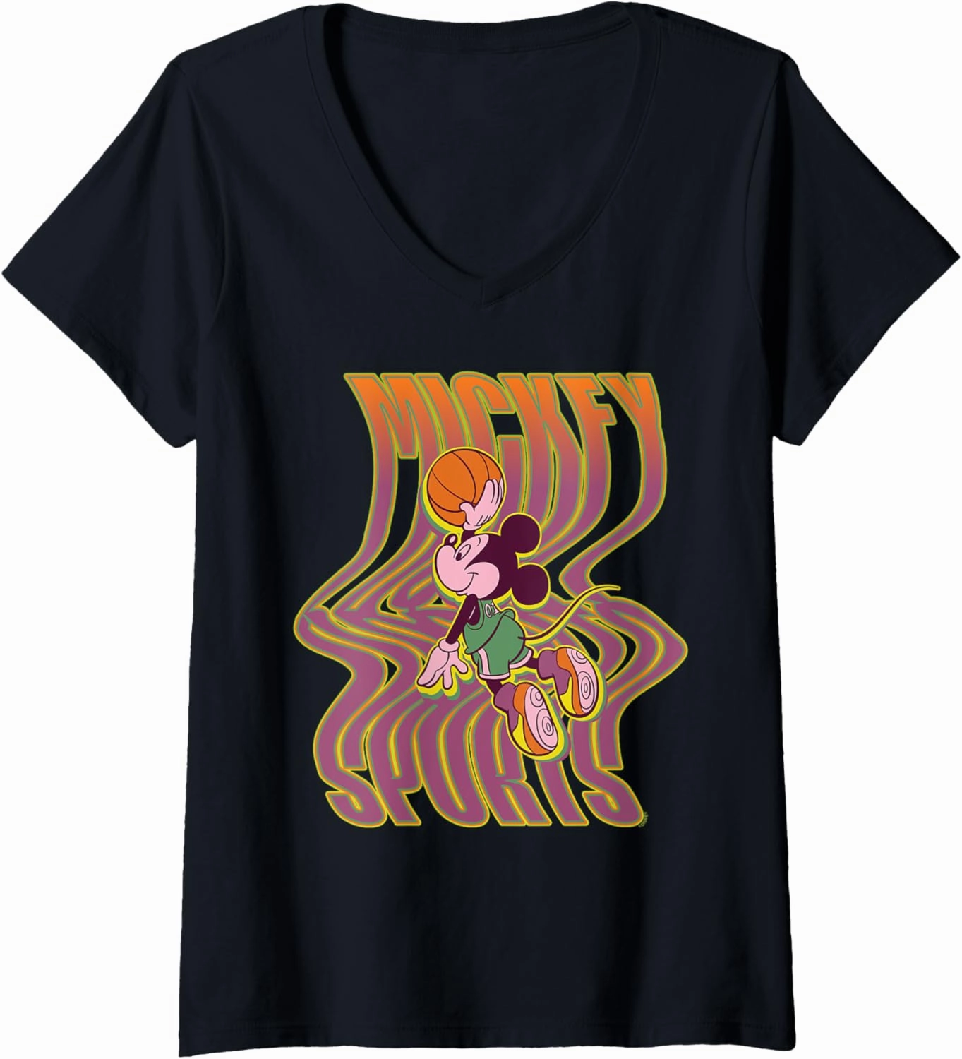 Disney Mickey Mouse Sports Basketball Dunk Wavy Letters V-Neck T-Shirt