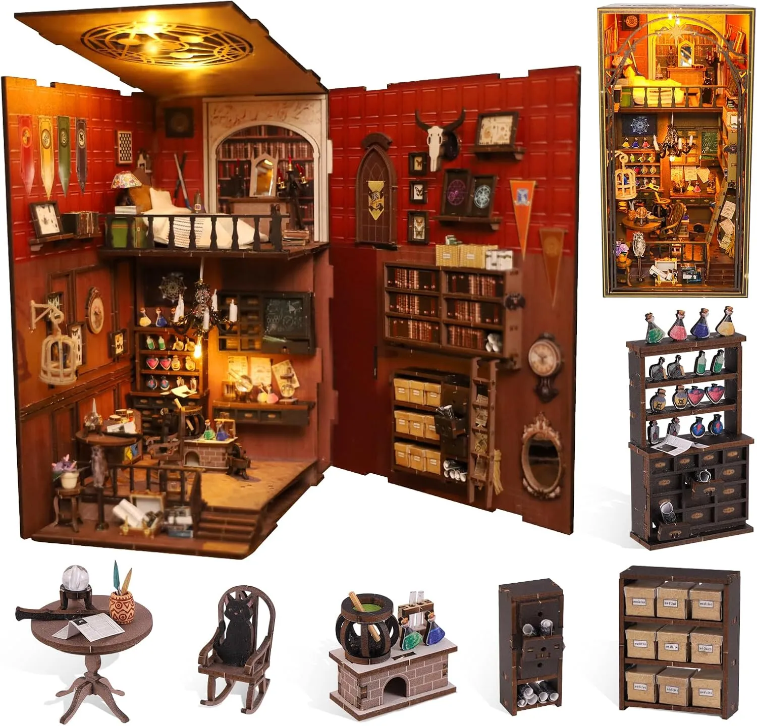 DIY Book Nook Kit - Magic 3D Wooden Booknook Bookshelf Decor with LED Lights, Enchanted Magic Miniature House Dollhouse Building Set, Creative Craft Gift for Adults, Teens & Book Lovers