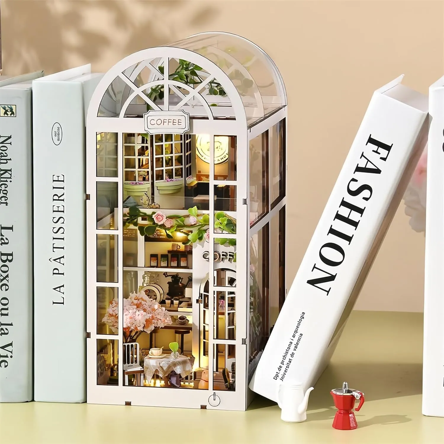 DIY Book Nook Kit, Miniature Bookshelf Decor with LED Lights, Laser-Cut Wooden Craft Set for Adults, Creative Gift for Christmas, Birthday, Coffee Garden
