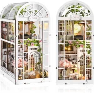 DIY Book Nook Kit, Miniature Bookshelf Decor with LED Lights, Laser-Cut Wooden Craft Set for Adults, Creative Gift for Christmas, Birthday, Coffee Garden