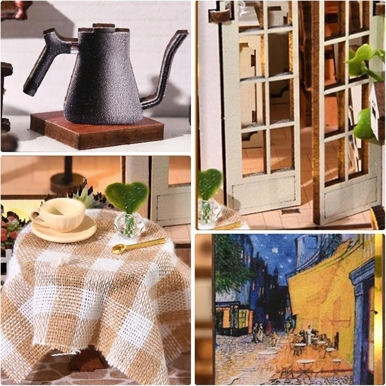 DIY Book Nook Kit, Miniature Bookshelf Decor with LED Lights, Laser-Cut Wooden Craft Set for Adults, Creative Gift for Christmas, Birthday, Coffee Garden