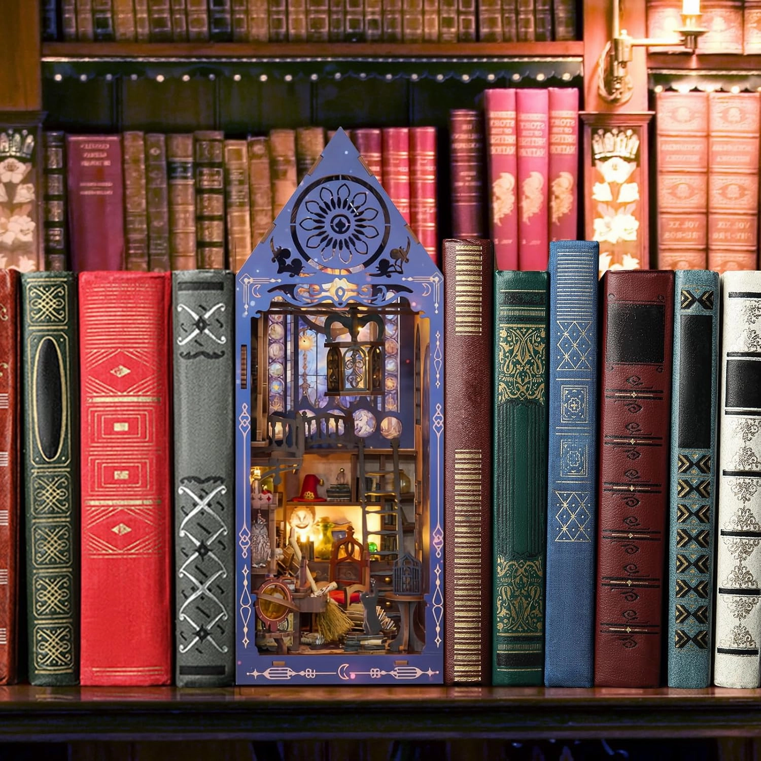 DIY Book Nook Kit, Miniature Bookshelf Decor with LED Lights, Laser-Cut Wooden Craft Set for Adults, Creative Gift for Christmas, Birthday, Time Castle