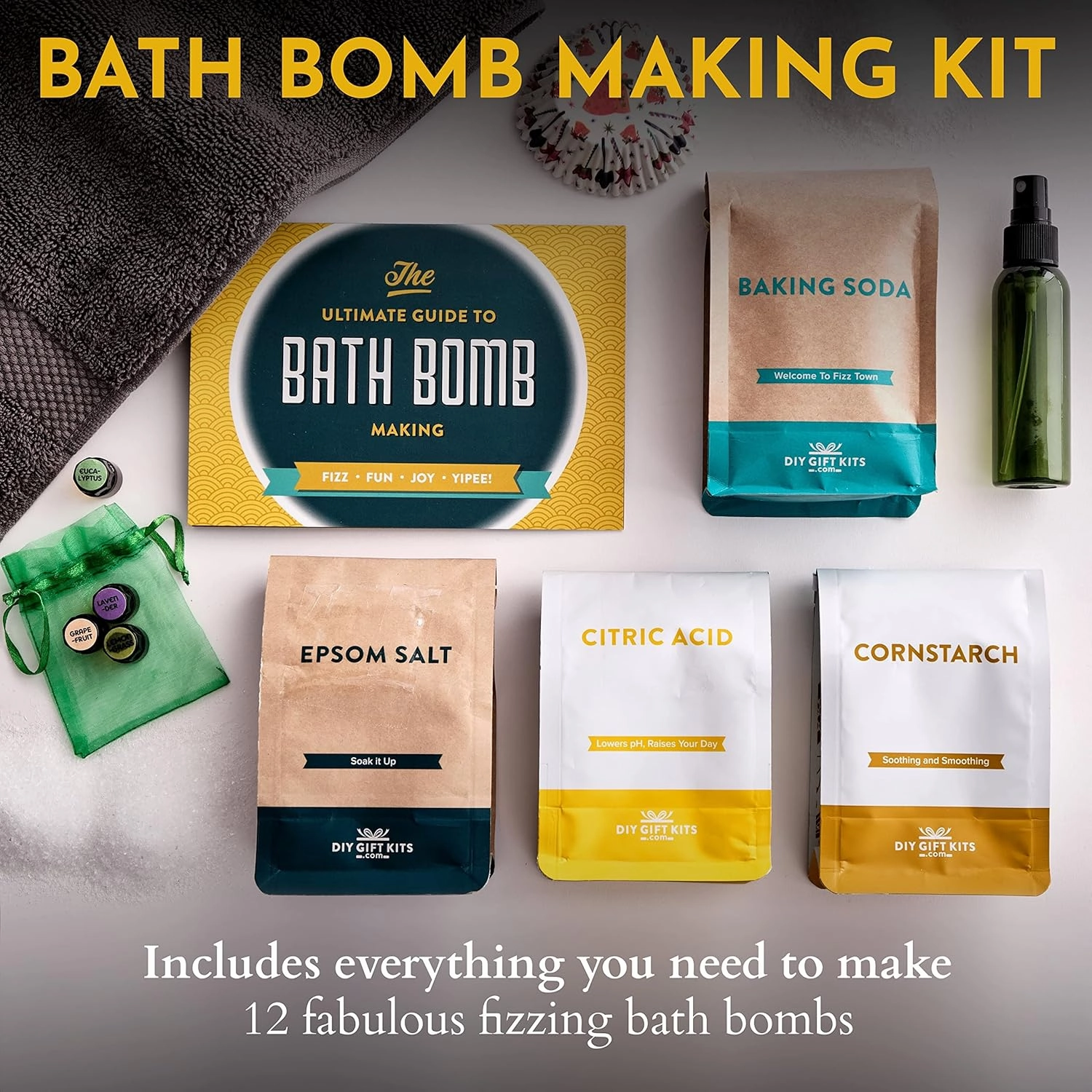 DIY Gift Kits Bath Bomb Making Kit, Make 12 All Natural Bath Bombs at Home, Made in The USA, 100% Pure, 4 Essential Oils, Epsom Salts, Cupcake Mold Liners, Recipes. STEM Science Kit or Gift