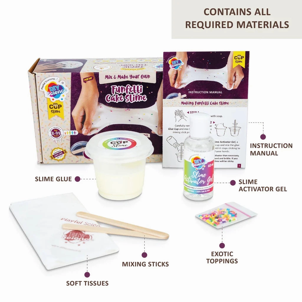 DIYScience Funfetti Cake Slime Kit, Slime Making Kit, 8  Years, Make Thick, Super Glossy and Stretchy Slime, Cake Scented PVA Slime Glue, Activator Gel, Colorful Funfetti Toppings