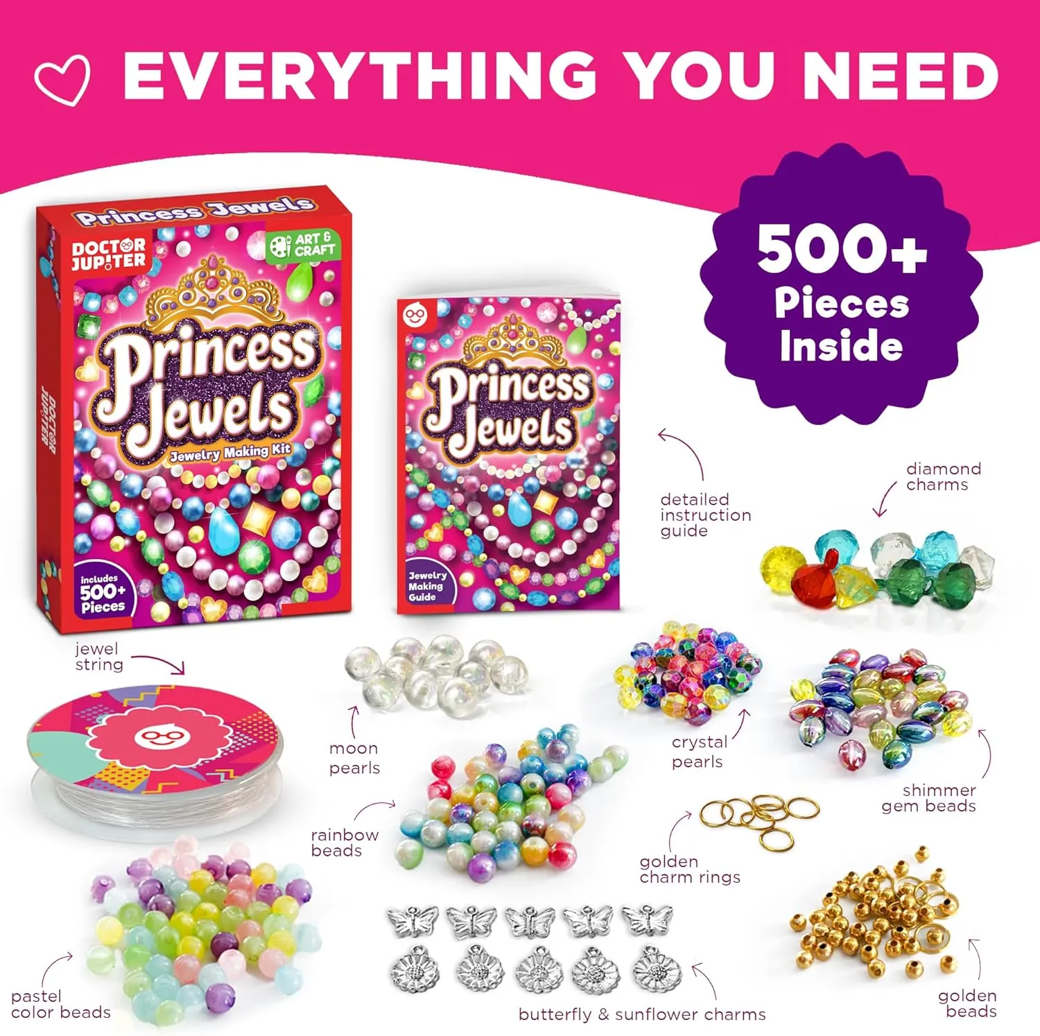 Doctor Jupiter Princess Toys Jewelry Making Kit for Kids Ages 6-12 | Arts & Crafts for 6-12 Year Olds | Charm Bracelets, Necklace Making Kit for Girls | Birthday Gifts