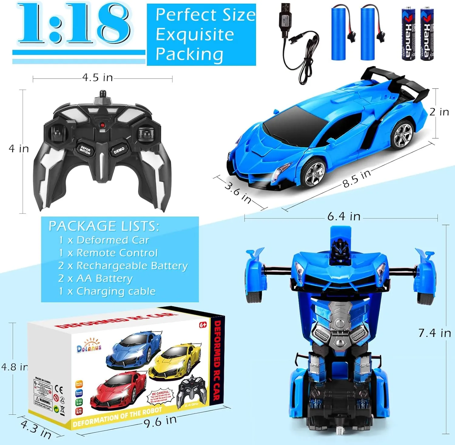 Dolanus Remote Control Car - Transform Robot RC Cars Contains All Batteries: One-Button Deformation and 360 Degree Rotating Drifting, Present Christmas Birthday Gift for Boys/Girls