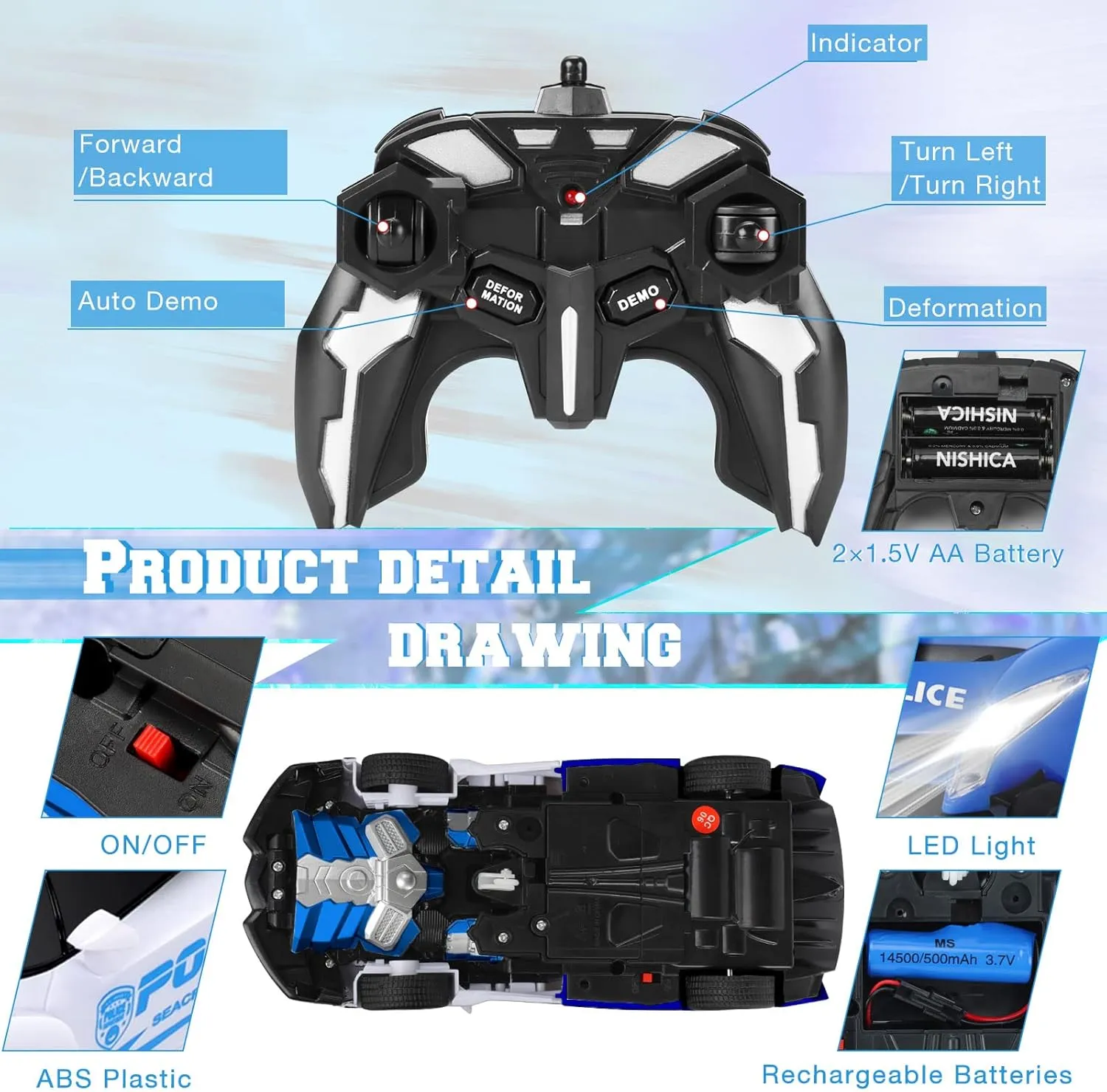 Dolanus Remote Control Car - Transform Robot RC Cars Contains All Batteries: One-Button Deformation and 360 Degree Rotating Drifting, Present Christmas Birthday Gift for Boys/Girls