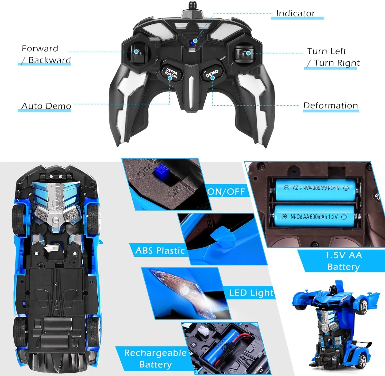 Dolanus Remote Control Car - Transform Robot RC Cars Contains All Batteries: One-Button Deformation and 360 Degree Rotating Drifting, Present Christmas Birthday Gift for Boys/Girls