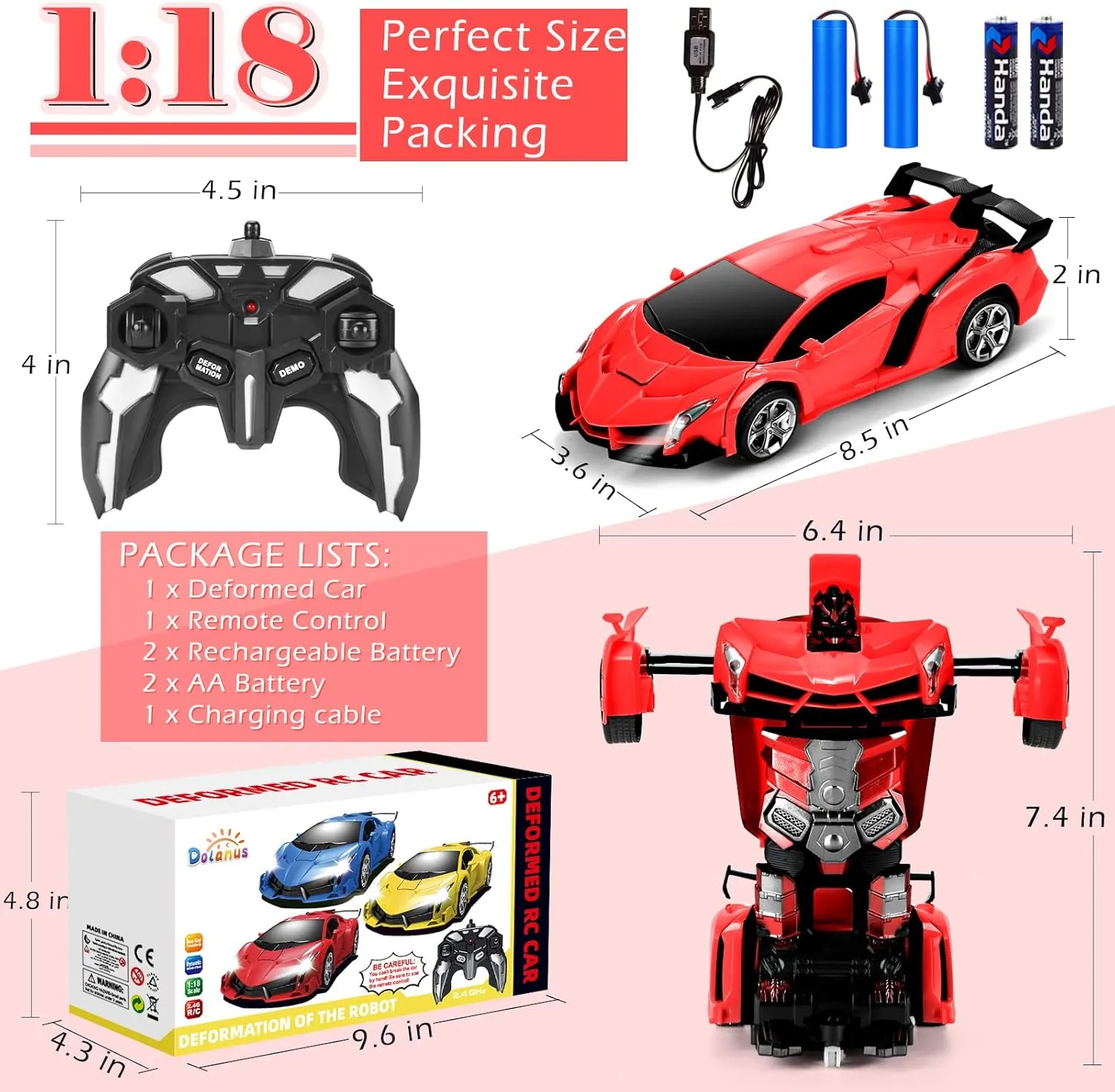 Dolanus Remote Control Car - Transform Robot RC Cars Contains All Batteries: One-Button Deformation and 360 Degree Rotating Drifting, Present Christmas Birthday Gift for Boys/Girls