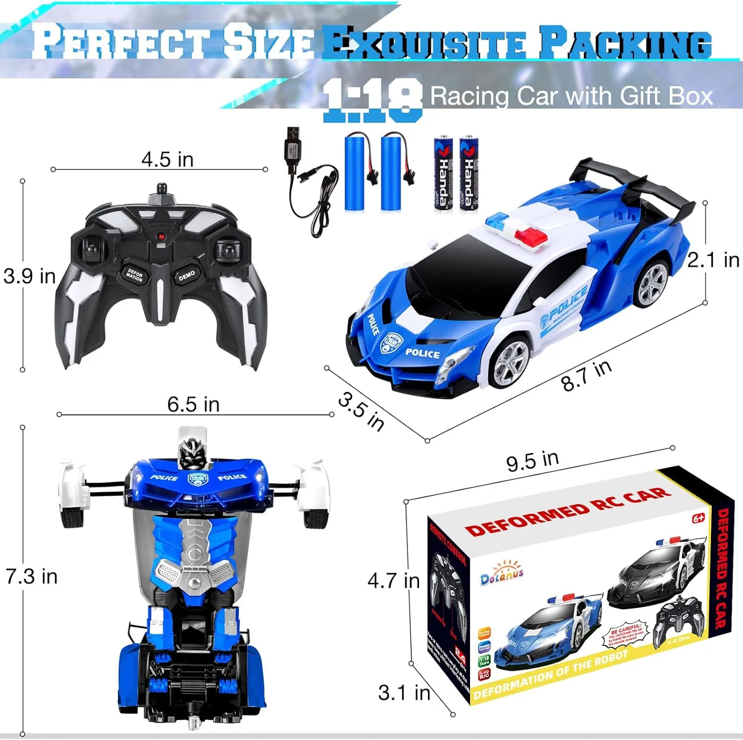 Dolanus Remote Control Car - Transform Robot RC Cars Contains All Batteries: One-Button Deformation and 360 Degree Rotating Drifting, Present Christmas Birthday Gift for Boys/Girls