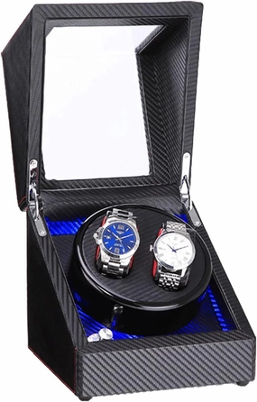 Double Watch Winder with Blue LED Backlight – Wooden Piano Paint – Carbon Fiber Lining – Storage for 2 Watches Travel Case – Quiet Motor – 5 Modes – Double Power Supply (Black 02)