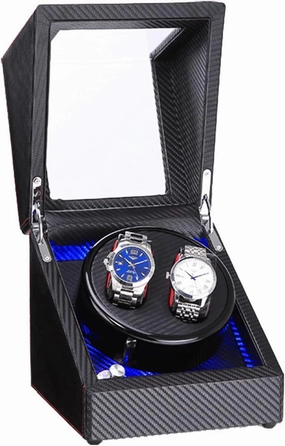 Double Watch Winder with Blue LED Backlight – Wooden Piano Paint – Carbon Fiber Lining – Storage for 2 Watches Travel Case – Quiet Motor – 5 Modes – Double Power Supply (Black 02)